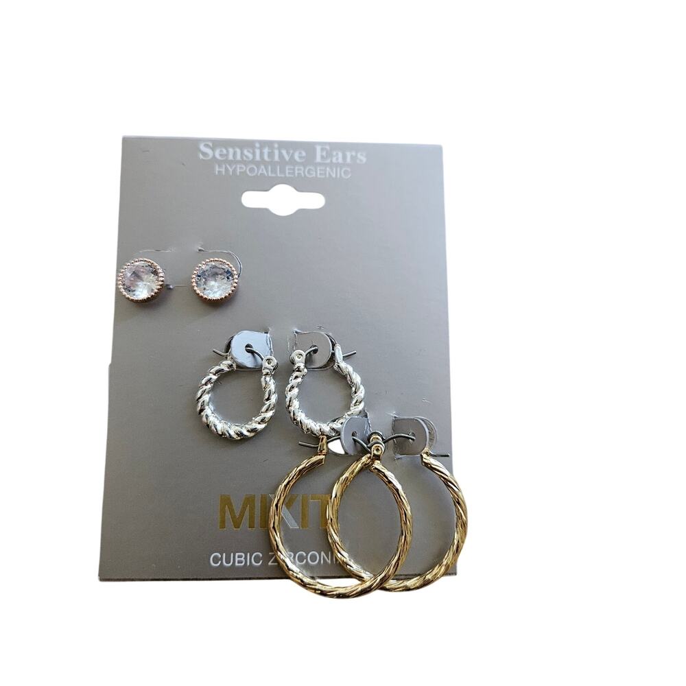 MIXIT Sensitive Ears 3 Pair Earring Set CZ Stud Silver Gold Hoop NWT $16